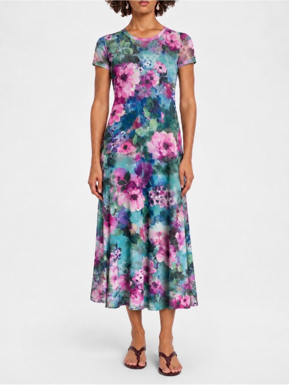 New🌺$230 Johnny Was Magnolia Meadows Floral Mesh Long Midi Dress Short Sleeve M